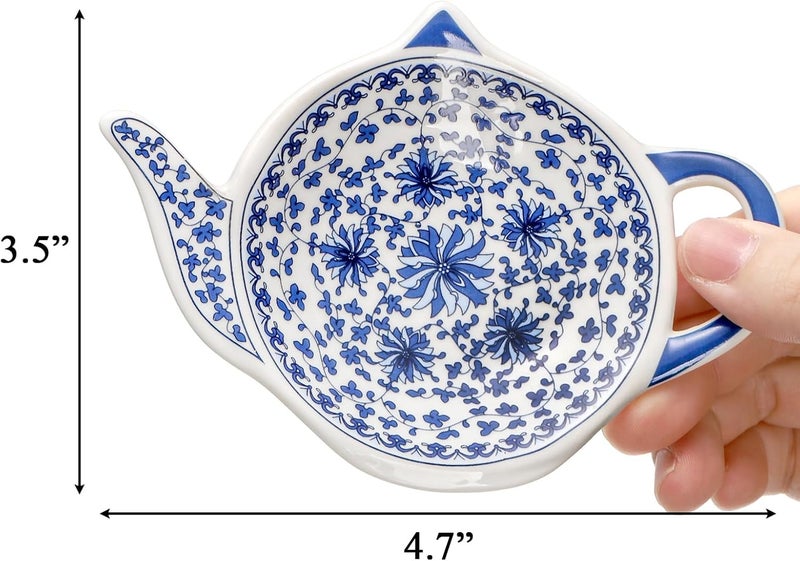 Elsjoy Set of 8 Teapot Shaped Teabag Holders for Used Tea Bag, Ceramic Tea Bag Coaster Porcelain Floral Tea Bag Dish Saucer, Vintage Teaspoon Rest for Tea Party - Image 2